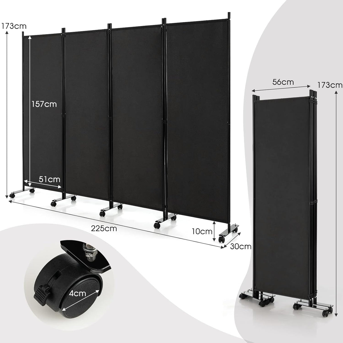 173cm Rolling 4-Panel Room Divider – 4 Colours