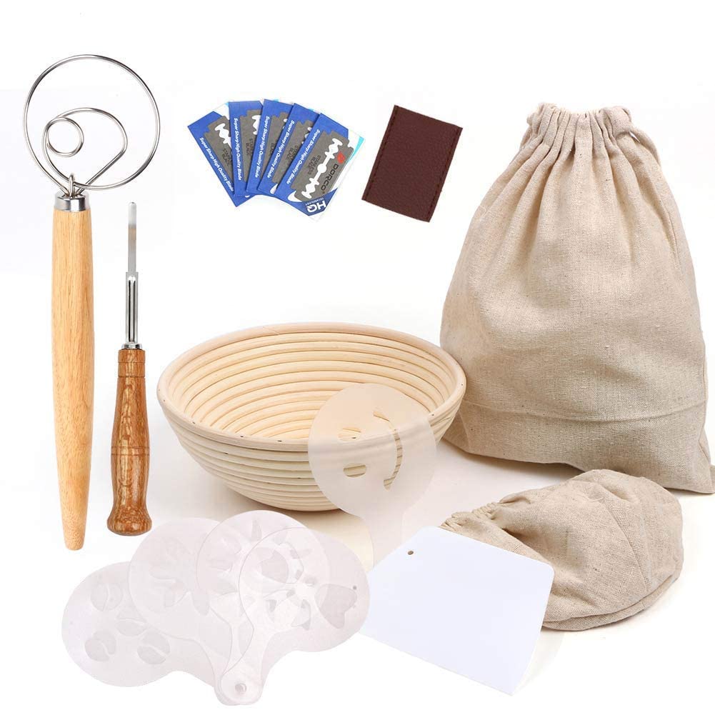 Bread Proofing Basket 9 Inch, Professional Baking Tool 7 Pack Set, Includes Banneton Proofing Basket, Cloth Liner, Bread Bag, Scoring Lame, Whisk, Scraper, Stencils, for Professional and Home Baker …