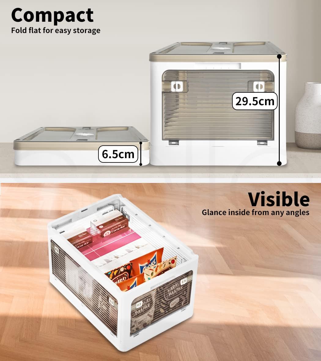55L Stacked Storage Bins with Lids Collapsible Clothes Organiser Container Plastic Toy Book Camping Boxes with Wheel 5 Sides Open