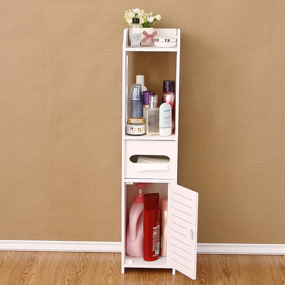 Small Bathroom Storage Corner Floor Cabinet with Doors and Shelves, Thin Toilet Vanity Cabinet, Narrow Bath Sink Organizer, Towel Storage Shelf for Paper Holder, (White)