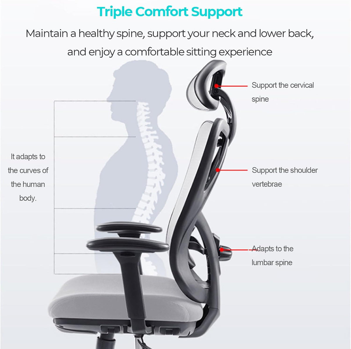 Office Chair, Breathable Mesh Desk Chair with Adjustable Lumbar Support and Headrest, High Back Computer Chair with Flip-up Armrests, Thick Cushion for Home, Office (Grey)