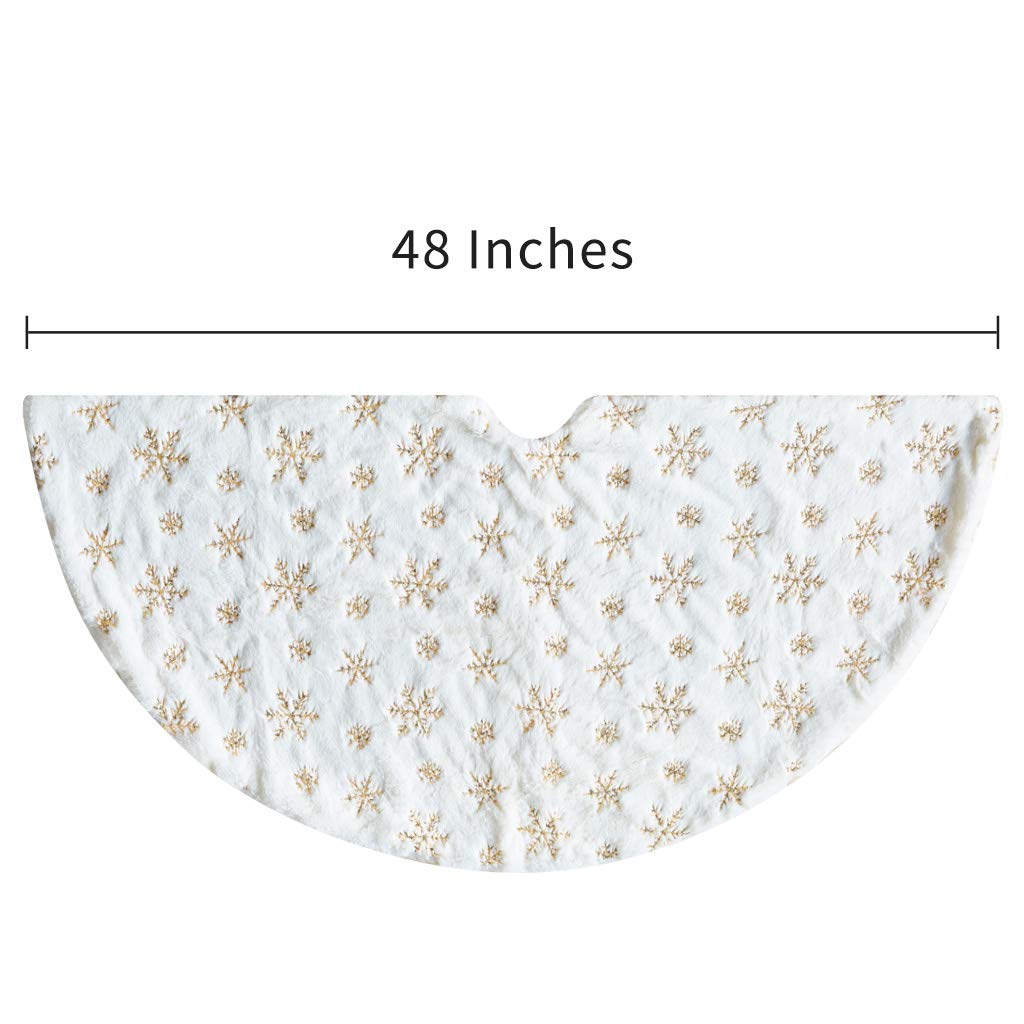 Christmas Tree Skirt - 48 inches Large White Luxury Faux Fur Tree Skirt Christmas Decorations Holiday Thick Plush Tree Xmas Ornaments (White/Gold)