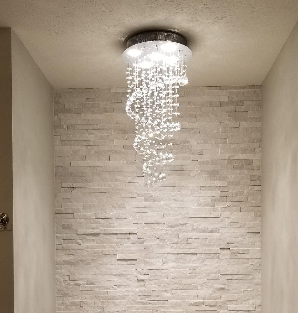 Elegant Spiral Crystal Chandelier Lights, Clear K9 Crystal Raindrop LED Ceiling Lights Chrome Flush Mount Pendant Lamp Fixture for Livingroom Dining Room Hallway Stairway Foyer D40cm H80cm A1A9
