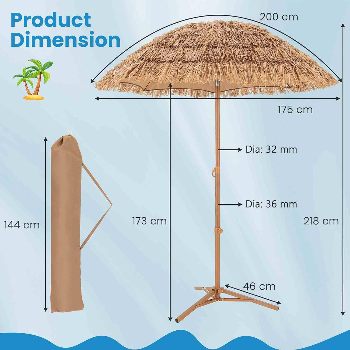 Costway 2M Thatched Tiki Umbrella w/Foldable Stand, Hawaiian Style Beach Umbrella w/Push Button Tilt, Carry Bag, Portable Sunshade Table Market Umbrella for Outdoor Tiki Bar Garden Patio Pool