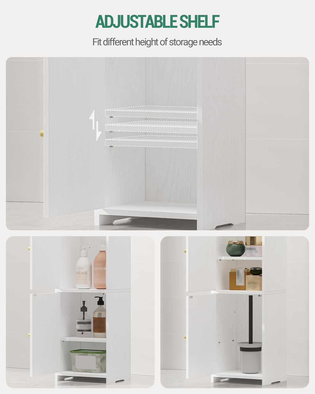 Bathroom Storage Cabinet, Corner Floor Cabinet with 2 Doors and Adjustable Shelf, Narrow Toilet Paper Cabinet, Bathroom Organizer for Small Spaces, White BC19913X