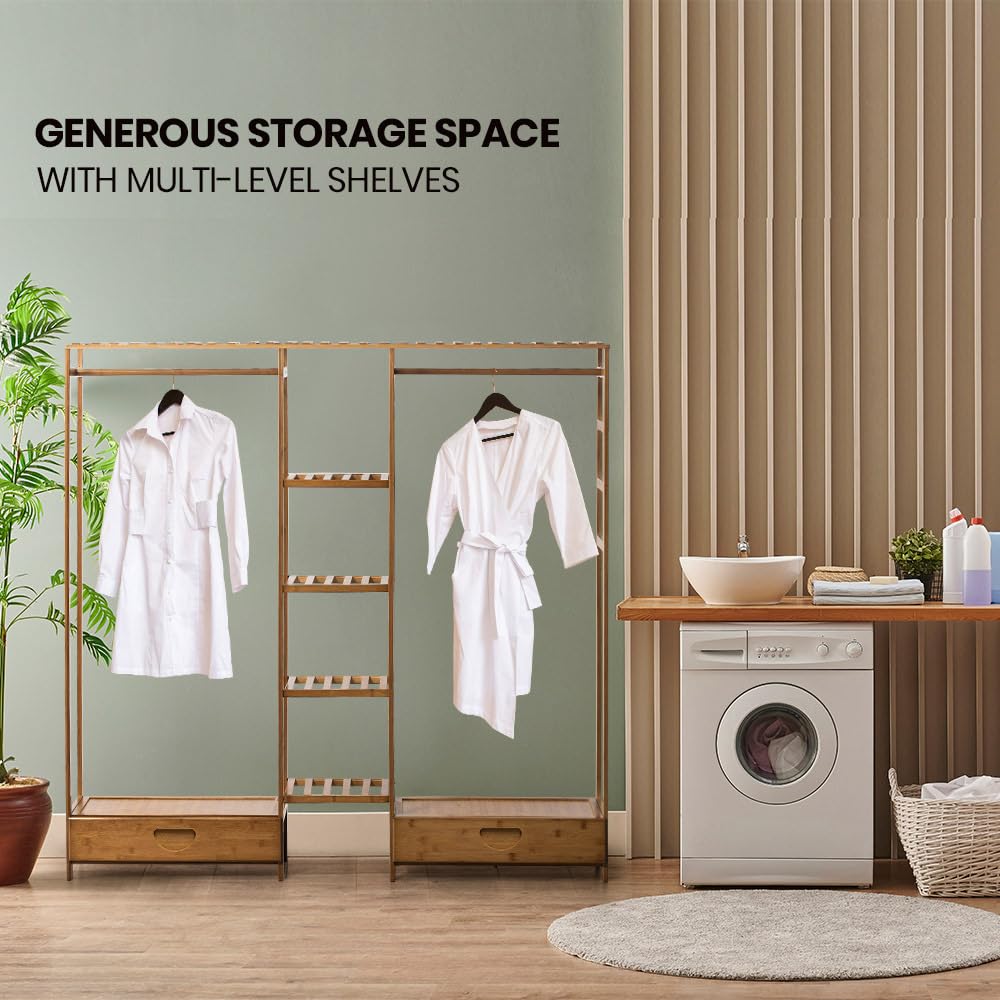 150 cm Bamboo Open Wardrobe with Rail, 7 Shelves & 2 Drawers – Brown