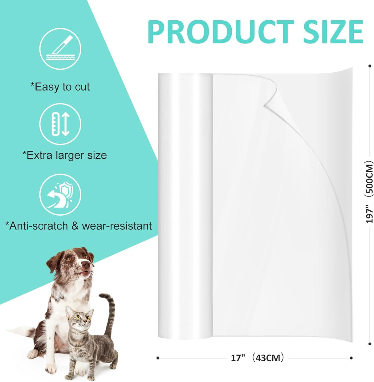 Door Protector from Dog Scratching- Cat Scratch Furniture Protector, Dog Door Protector Scratch Guard, Transparent Self Anti-Scratch Cat Furniture Protector Tape for Window (500cm*43cm)