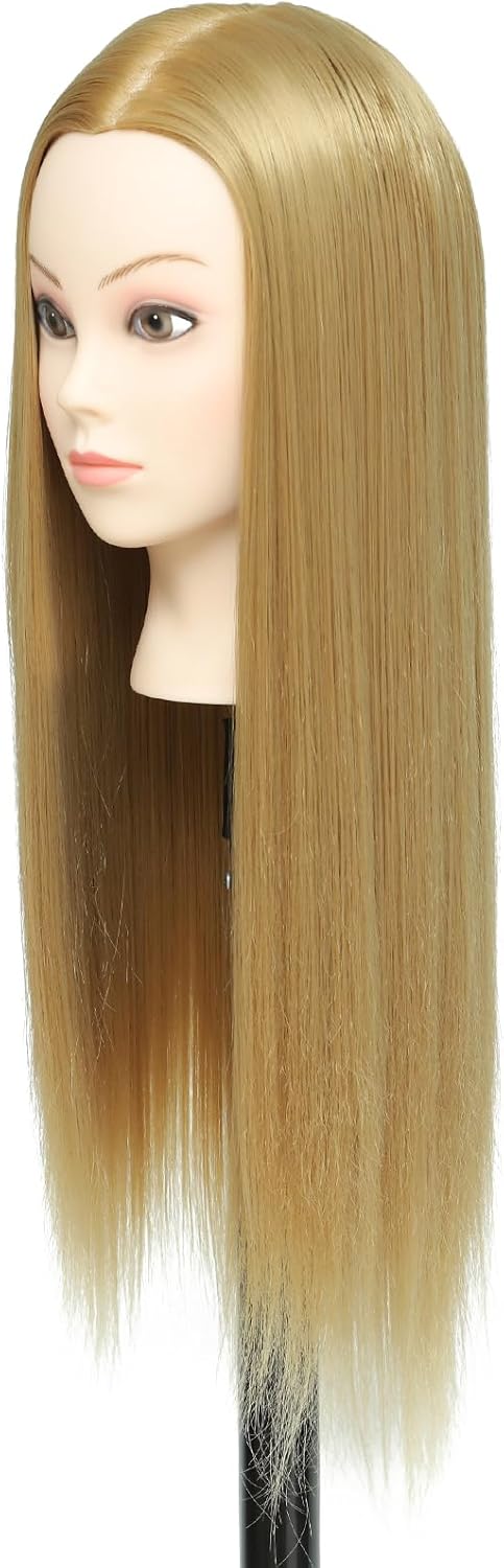26-28'' Mannequin Head Synthetic Fiber Hair Styling Training Head Dolls for Cosmetology Manikin Maniquins Practice Head with Table Clamp Holder (27#)