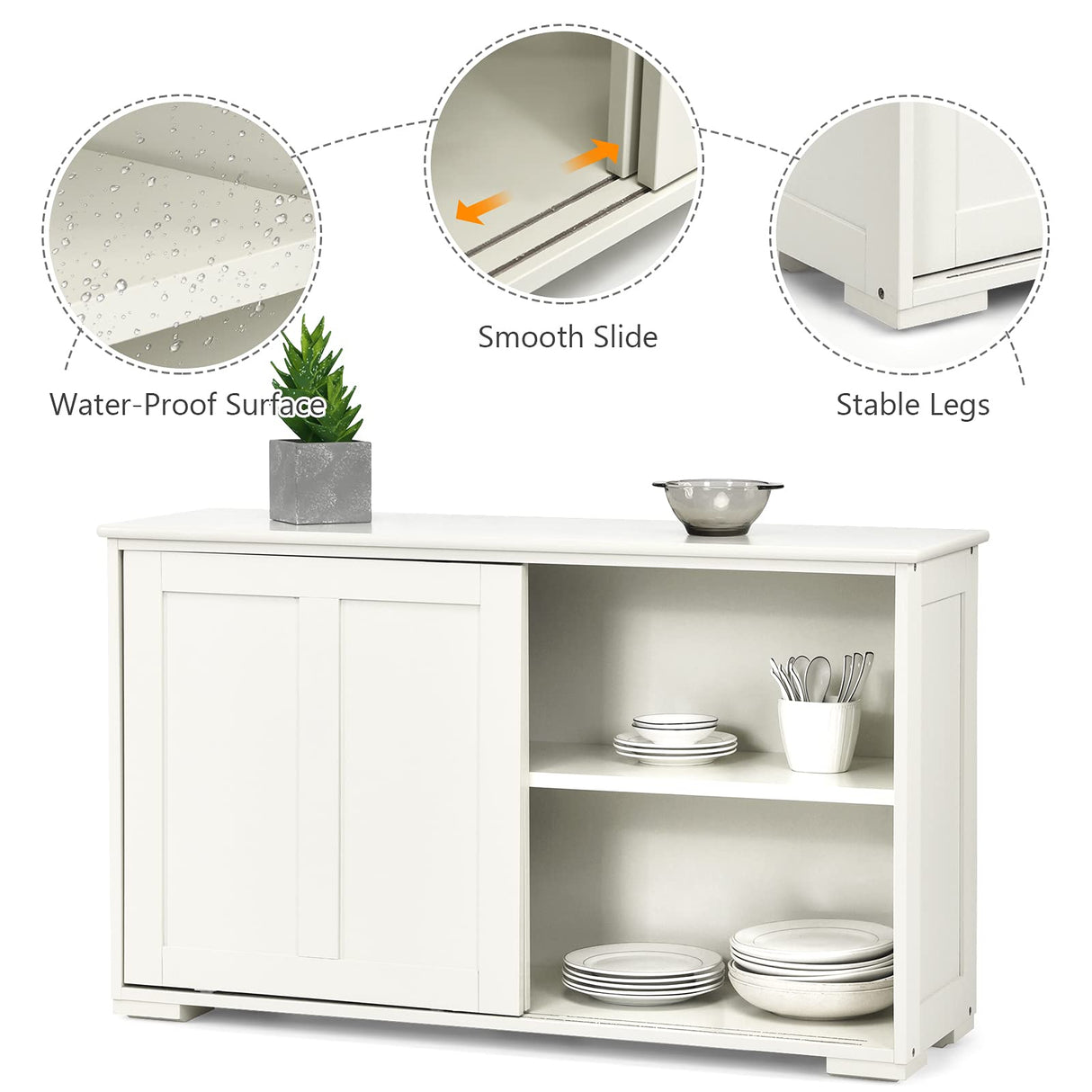 Buffet Sideboard Cabinet, Home Storage Cabinet, 2 Convenient Smooth Sliding Doors & 2 Height-Adjustable Shelves, Side Cabinet Table Cupboard, Creamy White