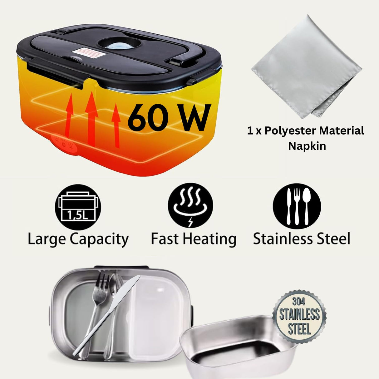 Electric Lunch Box, Food Heater Portable Warmer Leakproof Heated Box, 220V AU Socket, Heating Microwave for Car/Home with 1.5L Removable Stainless Steel Container with Spoon,Fork,Knife & Napkin,Bag