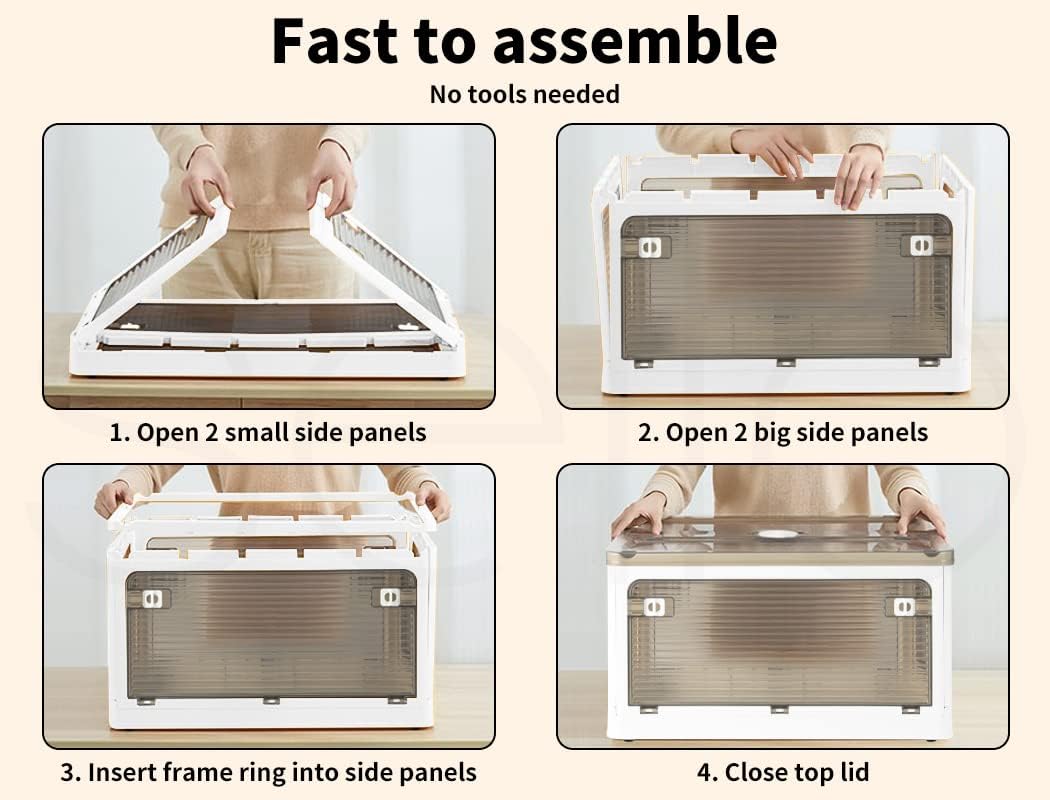 55L Stacked Storage Bins with Lids Collapsible Clothes Organiser Container Plastic Toy Book Camping Boxes with Wheel 5 Sides Open