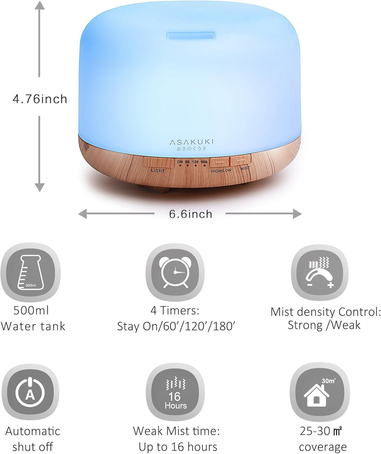 ASAKUKI 500ml Essential Oil Diffuser, 5 in 1 Ultrasonic Aromatherapy Fragrant Oil Diffusers, Vaporizer Humidifier with Remote Control, Timer, Auto-Off Safety Switch, 7 LED Light Colors
