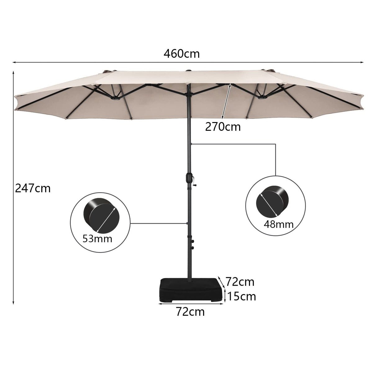 15FT Double-Sided Patio Umbrella, Ultra-Large Twin Garden Umbrella w/ 12-Rib Structure & Hand-Crank System, Outdoor Market Umbrella w/Enhanced Base for Residential & Commercial Use