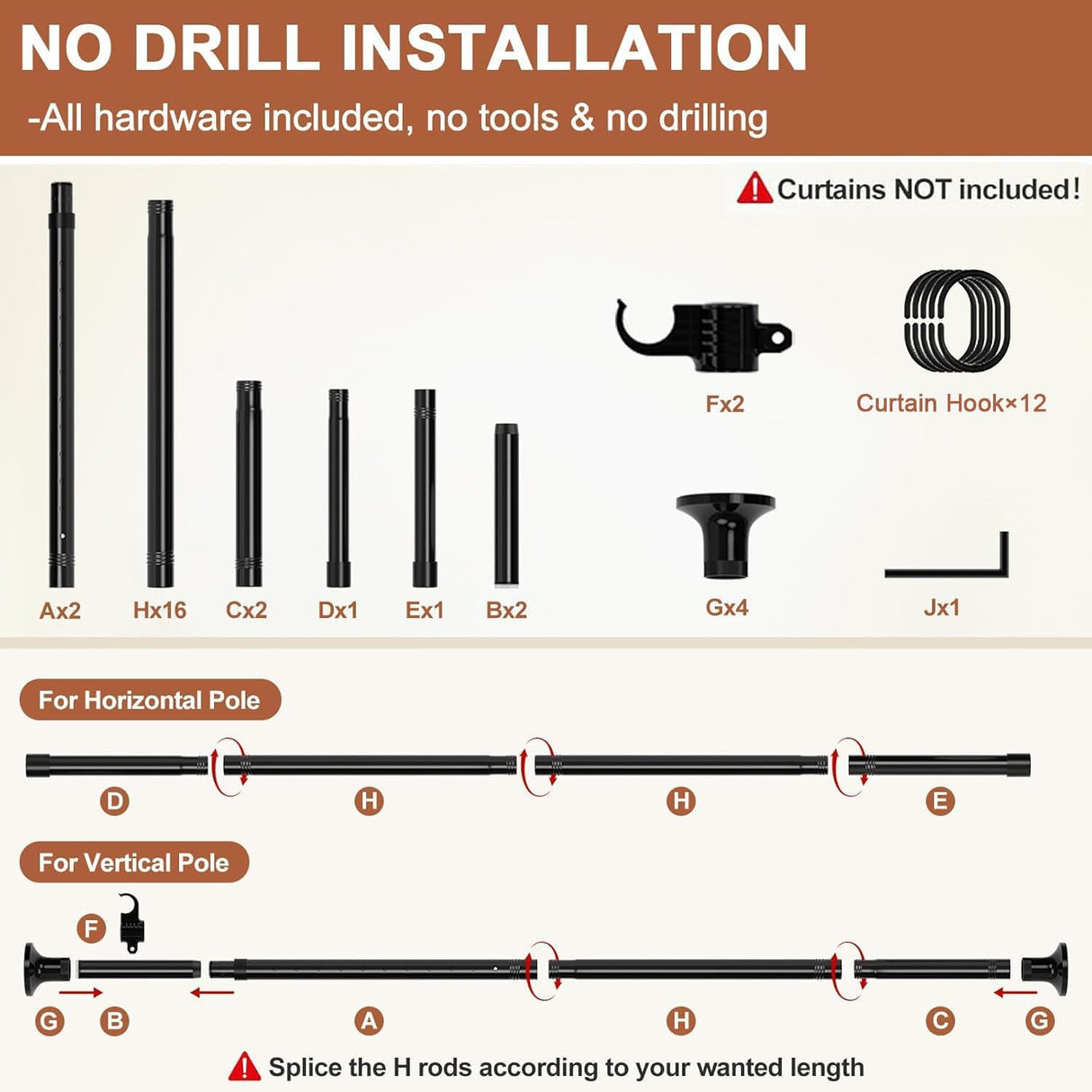 Dsocool Room Divider Curtain Rod, No Drilling Room Separator for Space Partition Adjustable 122-305cm(H) 70-177cm(W) Heavy Duty Temporary Wall Divider Floor to Ceiling Tension Rod, Black
