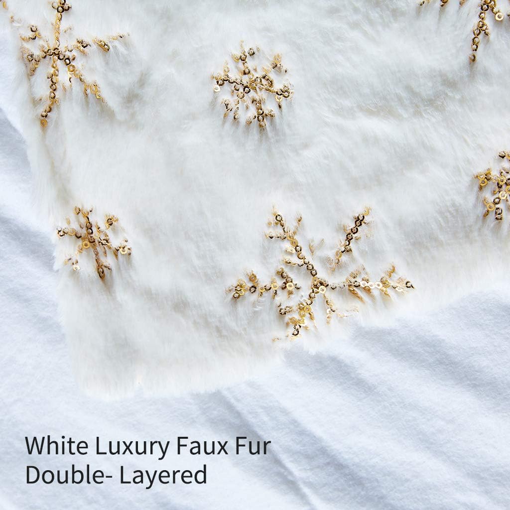 Christmas Tree Skirt - 48 inches Large White Luxury Faux Fur Tree Skirt Christmas Decorations Holiday Thick Plush Tree Xmas Ornaments (White/Gold)