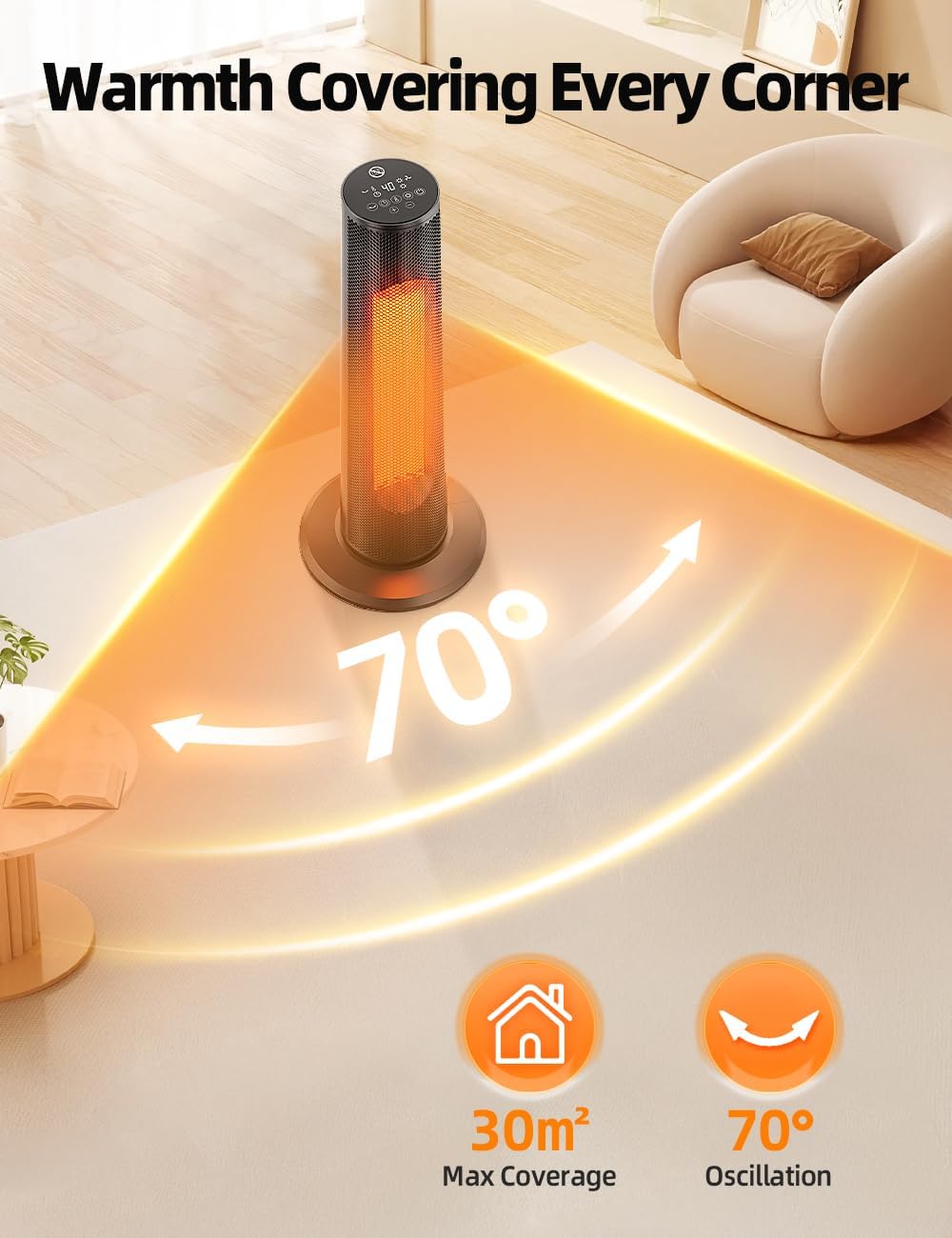Portable Heater, 63CM 2000W PTC Ceramic Heater w/Remote, 1S Heating 30m², 12H Timer, 70° Oscillation, Adjustable Thermostat Fan Heater, Overheat & Tip-Over Protection Room Heater for Bedroom