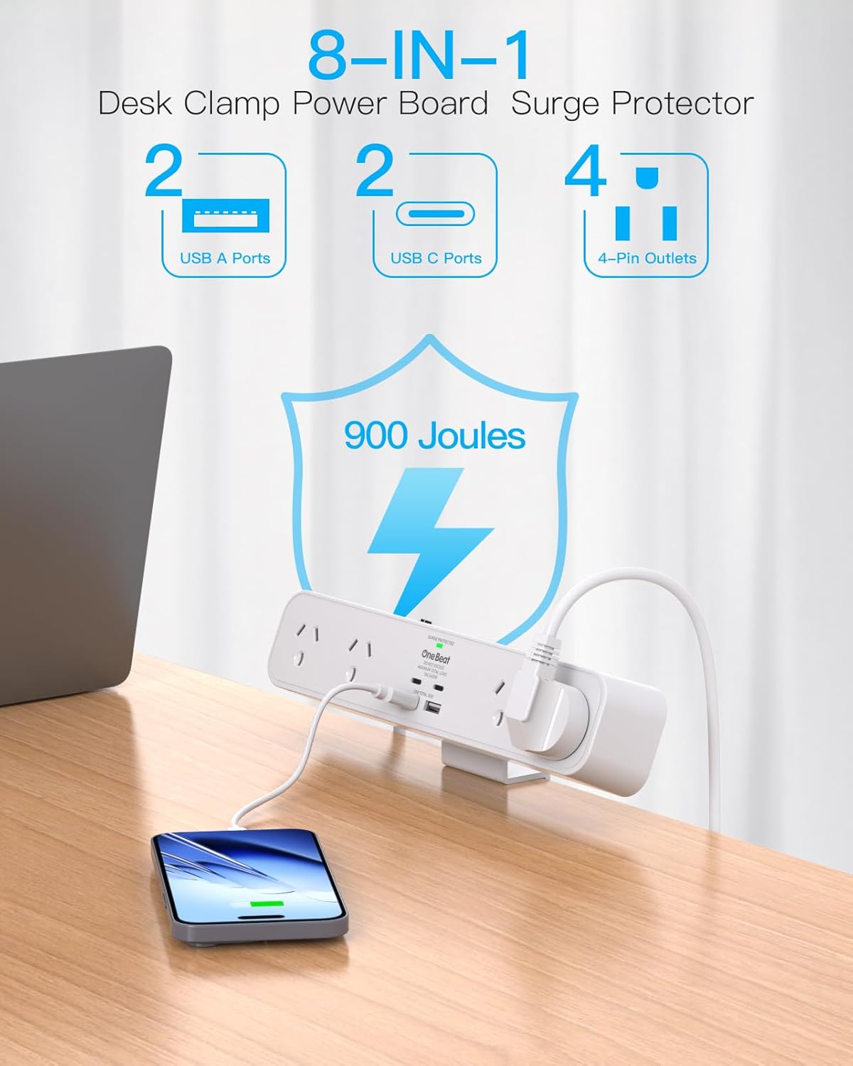 One Beat PD 30W Desk Clamp Power Board USB C,Fast Charging Station,4 Outlets with 4USB Ports(2USB C), Desktop Mounted Power Board Surge Protected,1.5M Extension Cord for Desk Accessories Home Office