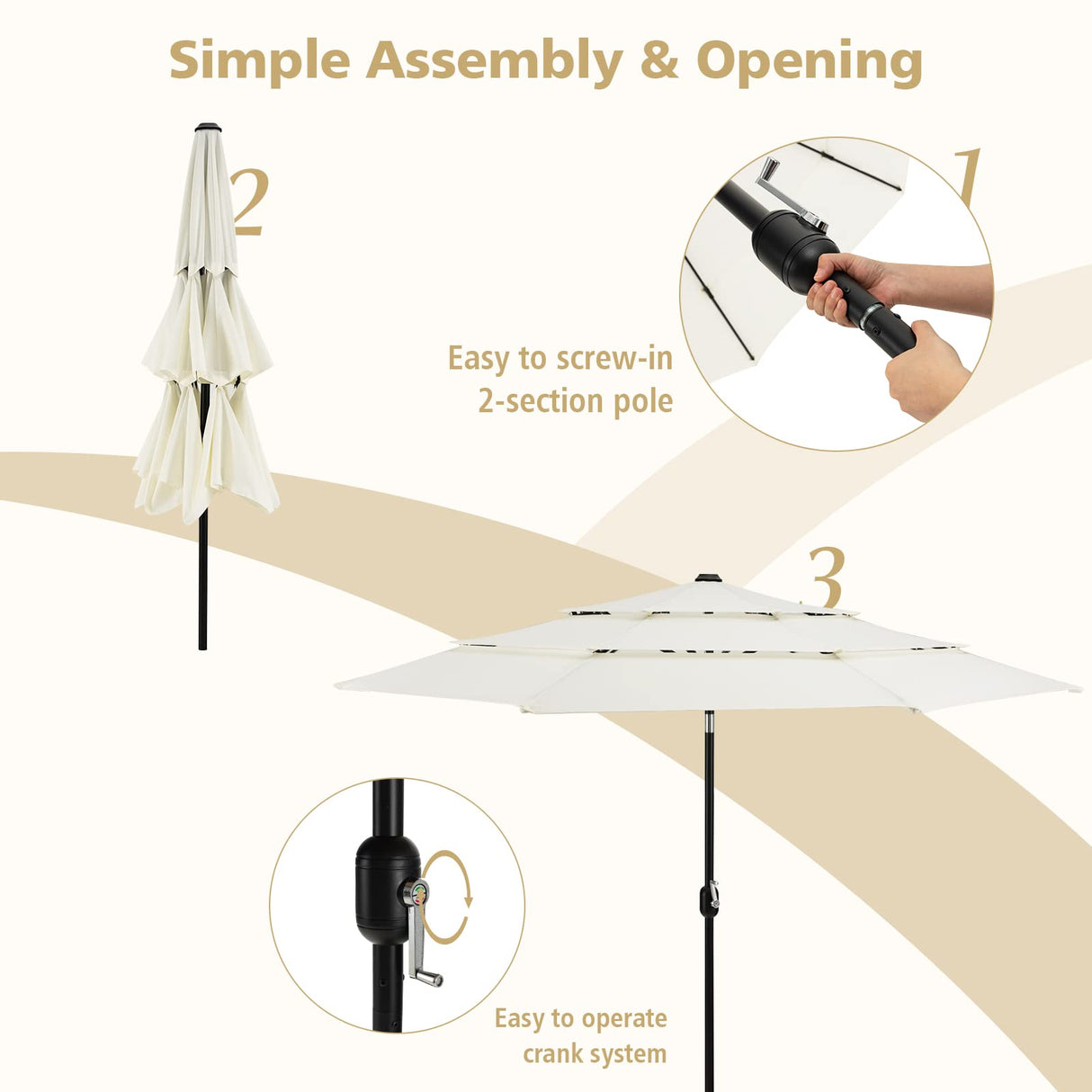 3M 3-Tier Patio Umbrella, Double Vented Outdoor Umbrella w/Push Button Tilt, Manual Crank, 8 Sturdy Ribs, Market Table Umbrella for Beach, Patio, Backyard, Poolside, Easy Assembly