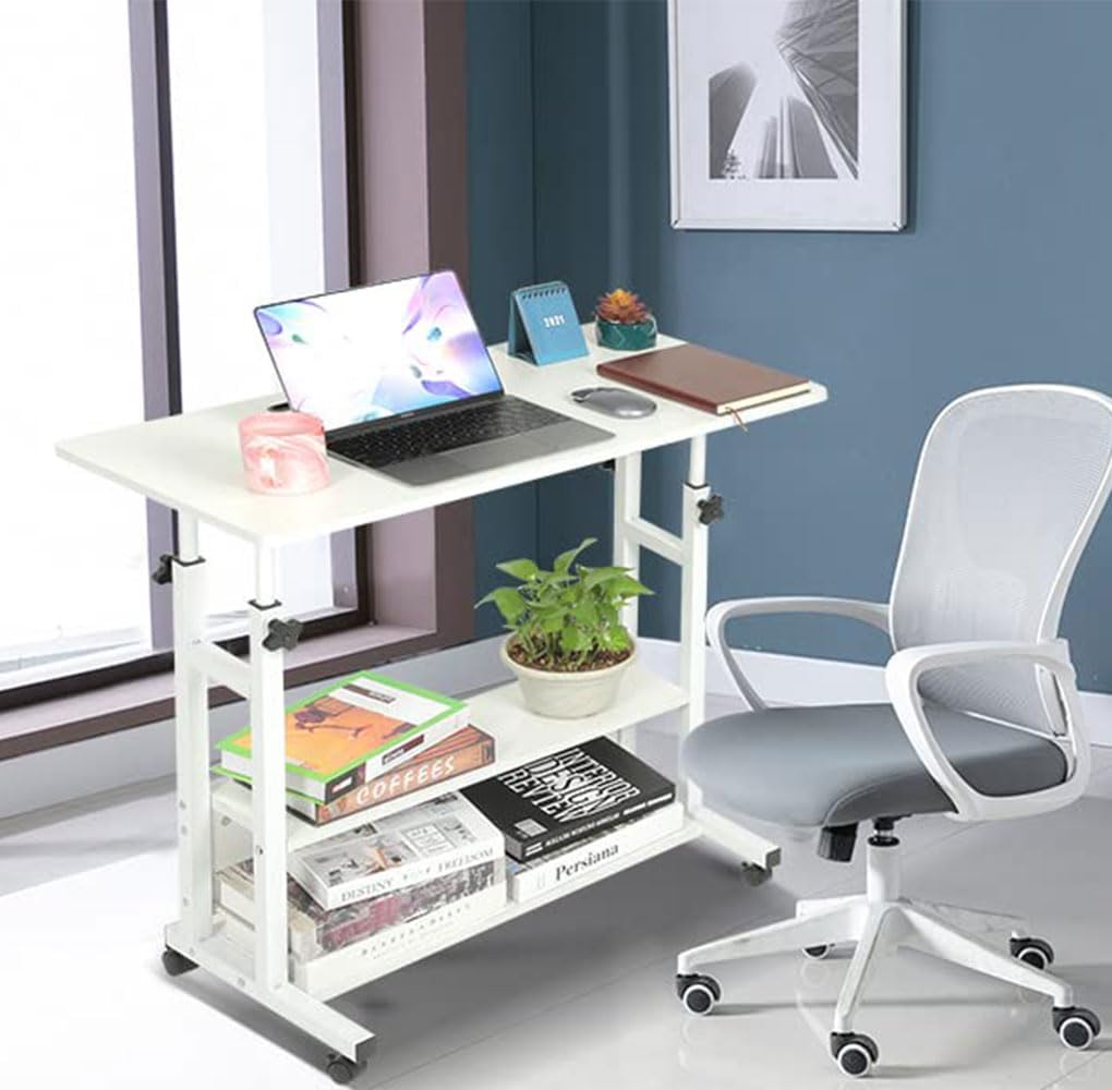 Adjustable Height Standing Large Desk,Portable Laptop Computer Desk,Office Furniture Small Spaces Desk Sofa Bedside Desk Learn Play Game Desk,Wheels Movable Storage Desk (White)