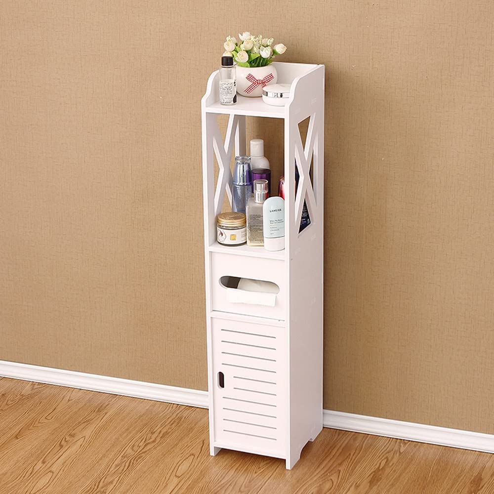Small Bathroom Storage Corner Floor Cabinet with Doors and Shelves, Thin Toilet Vanity Cabinet, Narrow Bath Sink Organizer, Towel Storage Shelf for Paper Holder, (White)