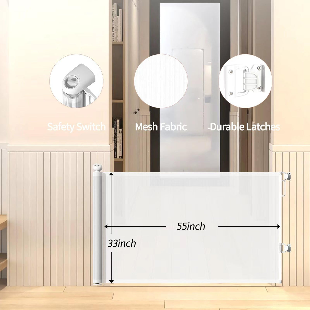 Premium Retractable Baby and Pet Gate - 33"/84cm Tall, Expands up to 55"/140cm, Ensuring Safety for Kids and Pets, Mesh Safety Gate for Stairs, Indoor, Outdoor, Doorways, Hallways