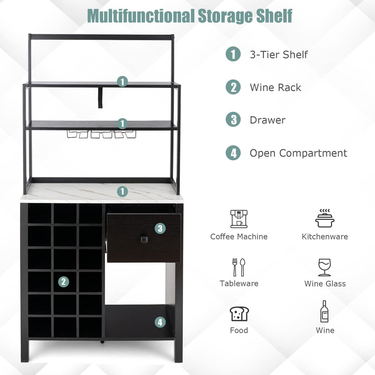 Kitchen Wine Rack, Freestanding Cabinet w/Wine Glass Holder & Drawer, 4-Tier Bakers Rack, Microwave Oven Stand for Kitchen Dining Room Living Room
