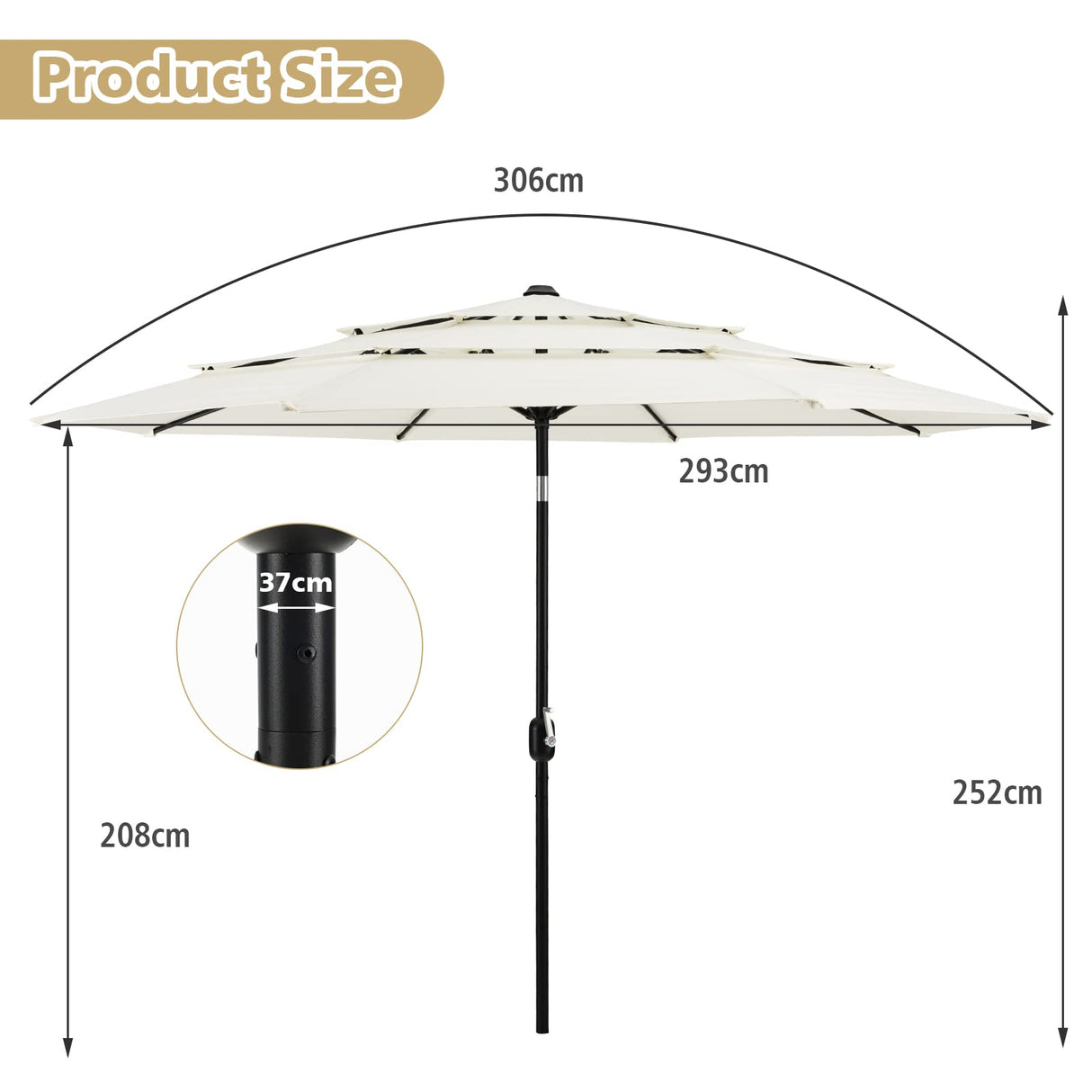 3M 3-Tier Patio Umbrella, Double Vented Outdoor Umbrella w/Push Button Tilt, Manual Crank, 8 Sturdy Ribs, Market Table Umbrella for Beach, Patio, Backyard, Poolside, Easy Assembly