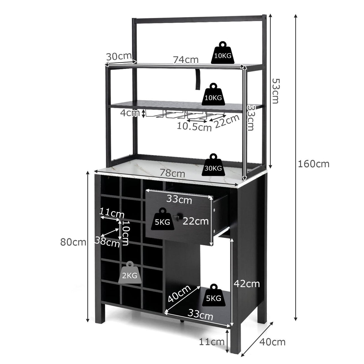 Kitchen Wine Rack, Freestanding Cabinet w/Wine Glass Holder & Drawer, 4-Tier Bakers Rack, Microwave Oven Stand for Kitchen Dining Room Living Room