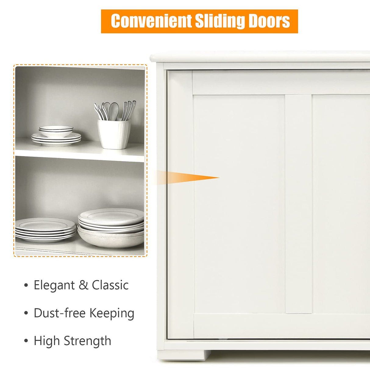 Buffet Sideboard Cabinet, Home Storage Cabinet, 2 Convenient Smooth Sliding Doors & 2 Height-Adjustable Shelves, Side Cabinet Table Cupboard, Creamy White