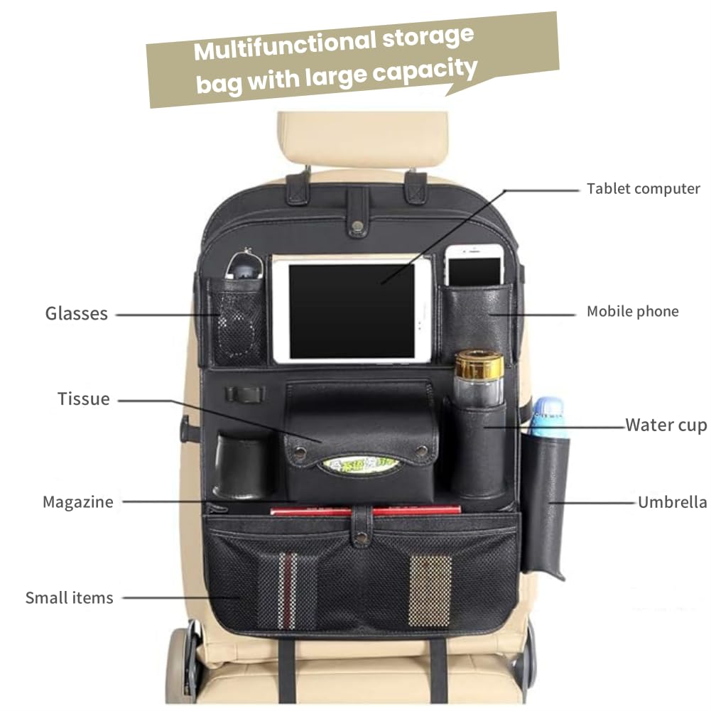 Car Backseat Organizer Car Organizer Leather Car Seat Organizer, Multi-Function Storage Folding Table Waterproof and Stain-Resistant Large Capacity(Black)
