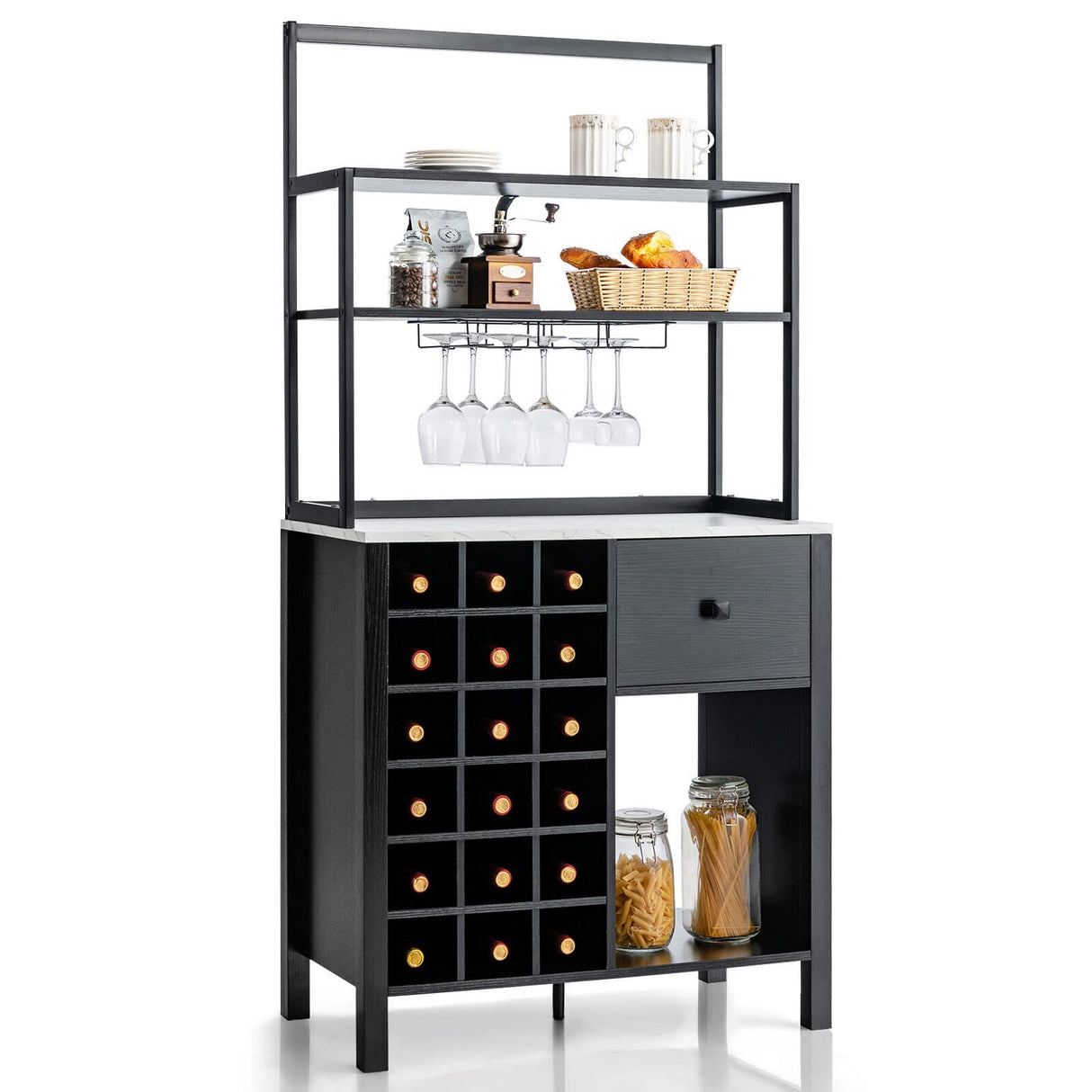 Kitchen Wine Rack, Freestanding Cabinet w/Wine Glass Holder & Drawer, 4-Tier Bakers Rack, Microwave Oven Stand for Kitchen Dining Room Living Room