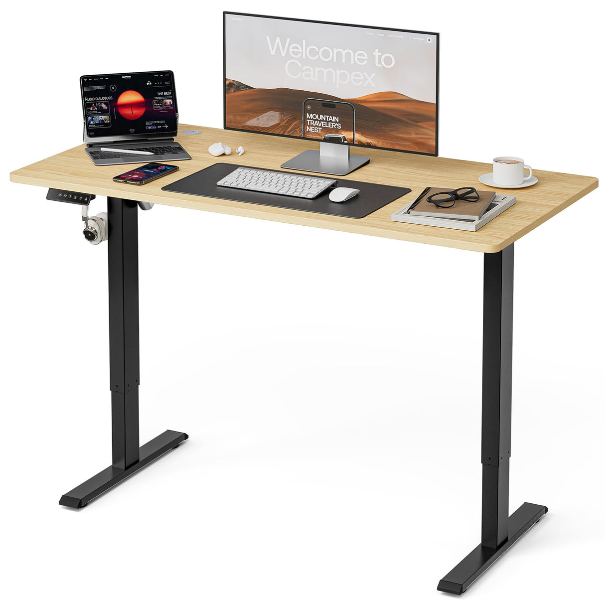 UMOMO 120 x 60cm Electric Standing Desk, Height Adjustable Sit Stand Desk with Splice Board, Workstation Computer Desk with Cable Management for Home Office (White Top White Frame)