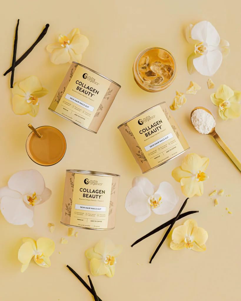 Nutra Organics Collagen Beauty Vanilla 225g | Low Sugar, Non-Dairy, Drink Mix w/Vitamin C | Collagen Powder that Supports Skin Elasticity & Hydration, Healthy Hair, Nails, & Gut Wellbeing (18 Serves)