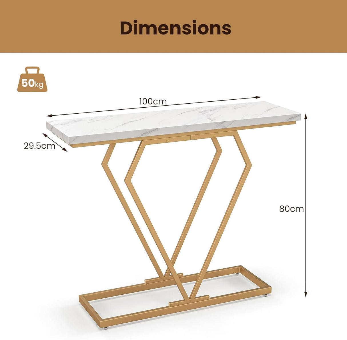 Modern Console Table, Faux Marble Narrow Entryway Table with Diamond Shape Geometric Frame, 100 cm Modern Accent Table with Anti-Tipping Device for Living Room Hallway Entrance, White & Gold