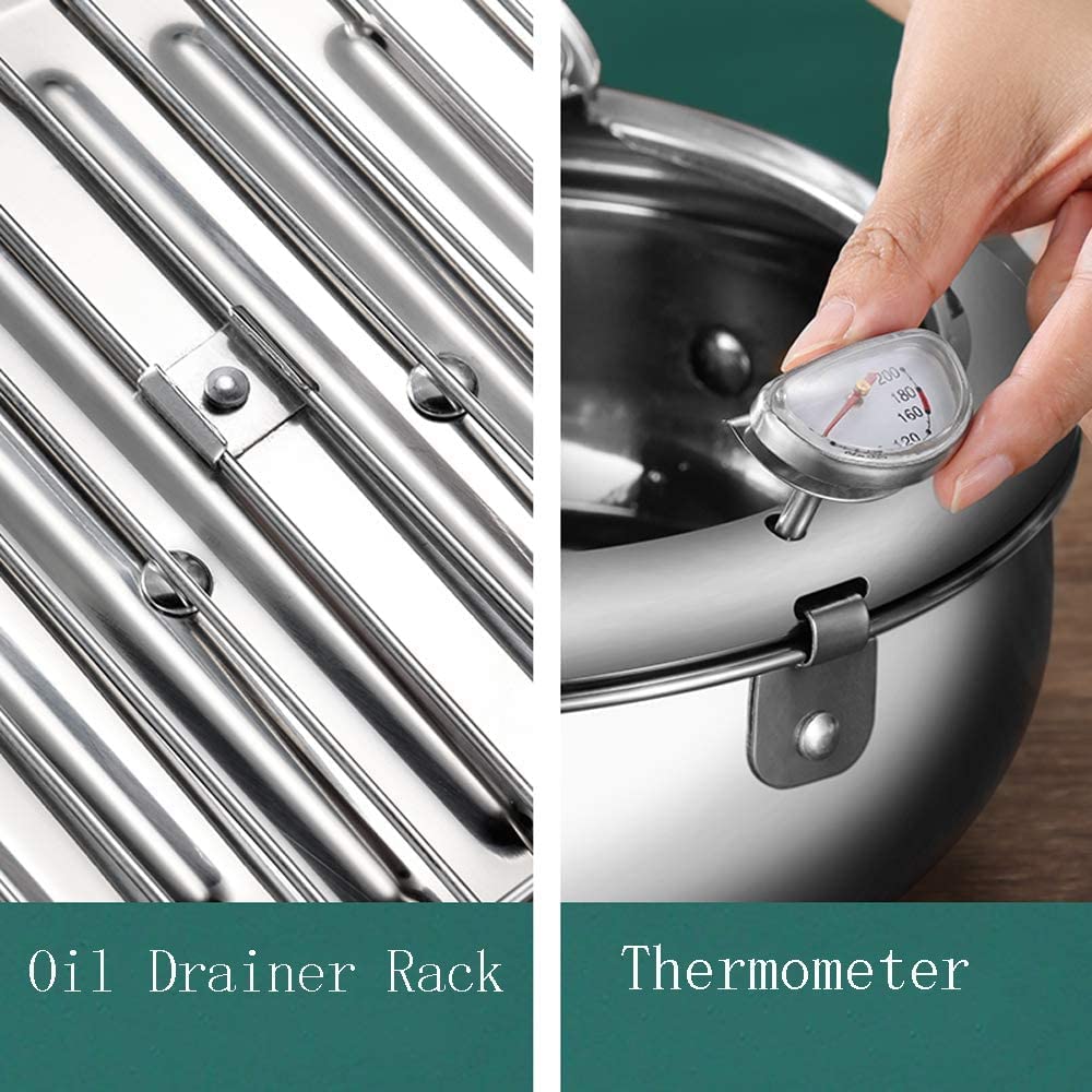 Deep Fryer Pot - Japanese Tempura Small Deep Fryer Stainless Steel Frying Pot With Thermometer,Lid And Oil Drip Drainer Rack for French Fries Shrimp Chicken Wings and Shrimp (24cm/9.4inch)