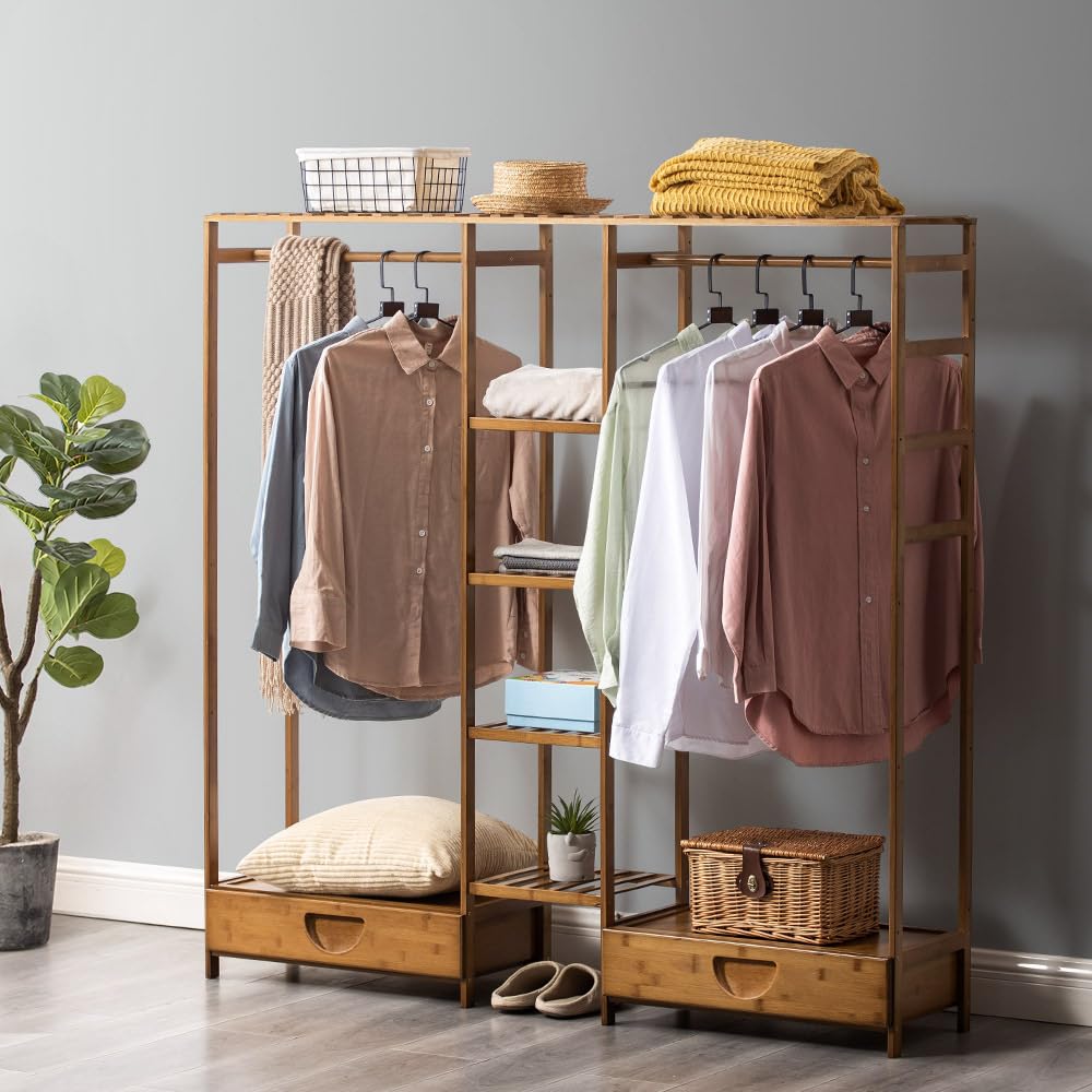 150 cm Bamboo Open Wardrobe with Rail, 7 Shelves & 2 Drawers – Brown