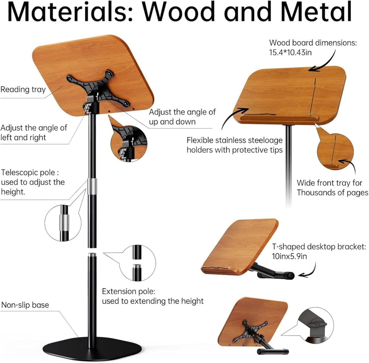Ssumght 2 in 1 Dual-use Sheet Music Stand & Desktop Book Stand, Large Wooden Book Holder, Height Adjustable from 80-130cm,with Page Paper Clip for Cookbooks, Sheet Music, etc.