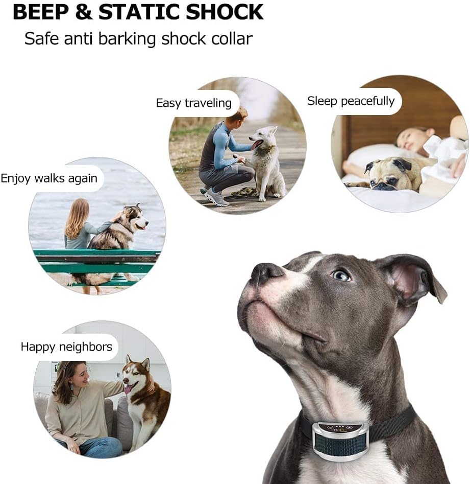 Shock Collar, Waterproof & Rechargeable Bark Collar w/5 Adjustable Sensitivity and 7 Progressive Levels Using Beep & Shock.(Silver)