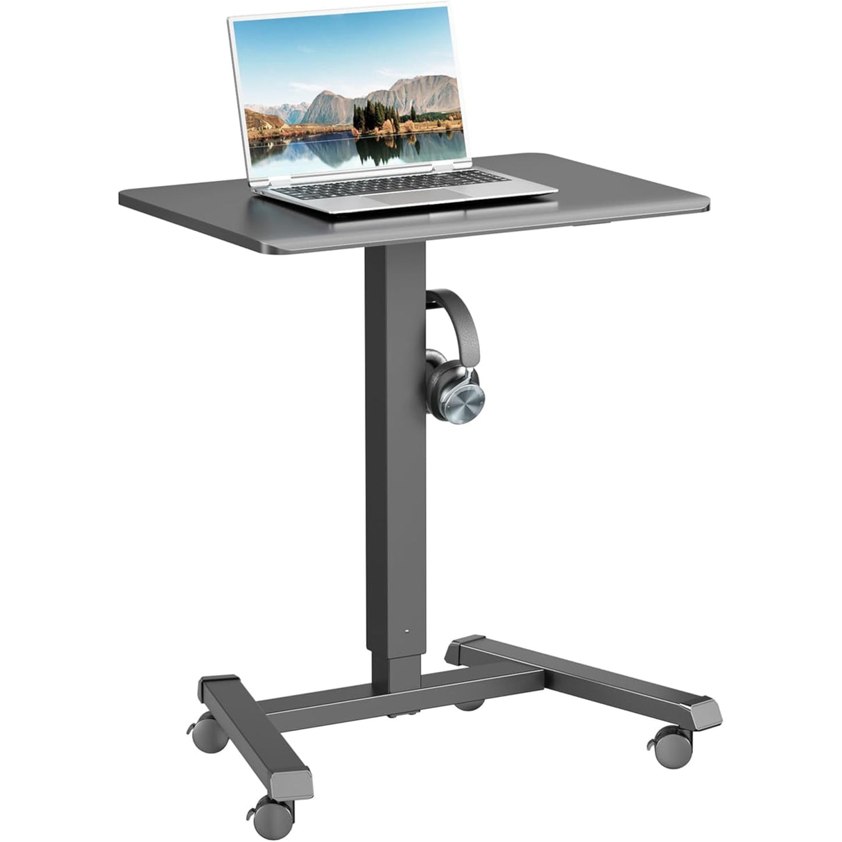ERGOMAKER Mobile Standing Desk Pneumatic Adjustable Height 25.6 x 17.7 Inch Mobile Desk Adjustable Height On Wheels,Sit Stand up Desk Home Office Computer Desk, White + Single