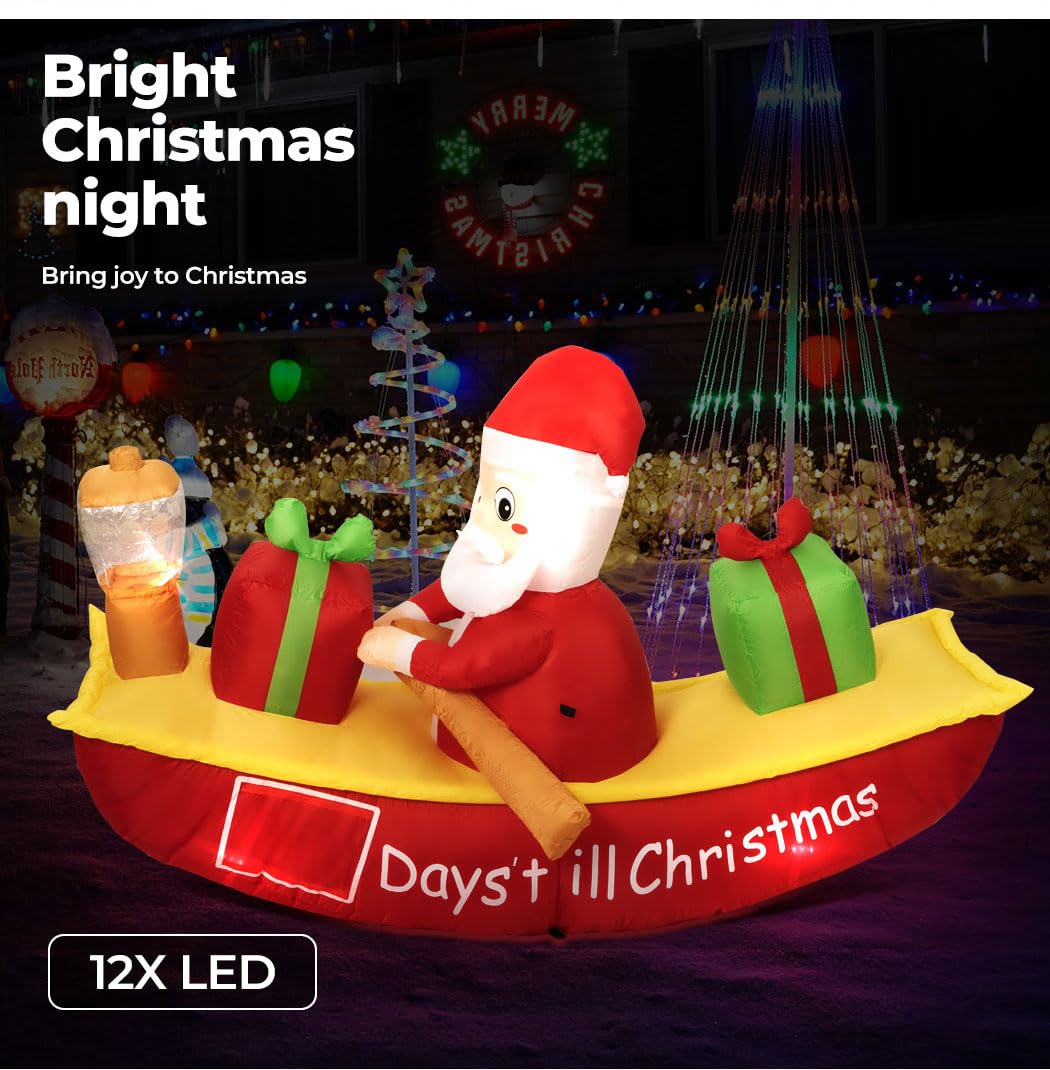 Christmas Inflatable Santa Clau Boat Xmas Indoor Decorations with LED Lights,Fast Self-Inflatable and deflatable,Waterproof Home Garden Holiday Party Outdoor Decor Red Colour 135cm x 210cm