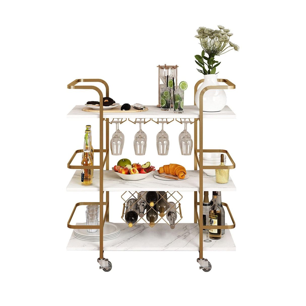 Bar Cart Home Bar Serving Cart 3 Tier Mobile Bar Cart with Wine Bottle Racks & Glass Holder Coffee Cart Mini Bar Cart Gold & White