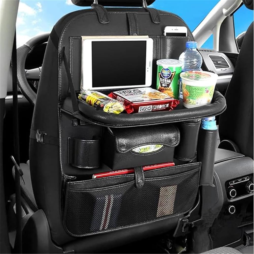 Car Backseat Organizer Car Organizer Leather Car Seat Organizer, Multi-Function Storage Folding Table Waterproof and Stain-Resistant Large Capacity(Black)