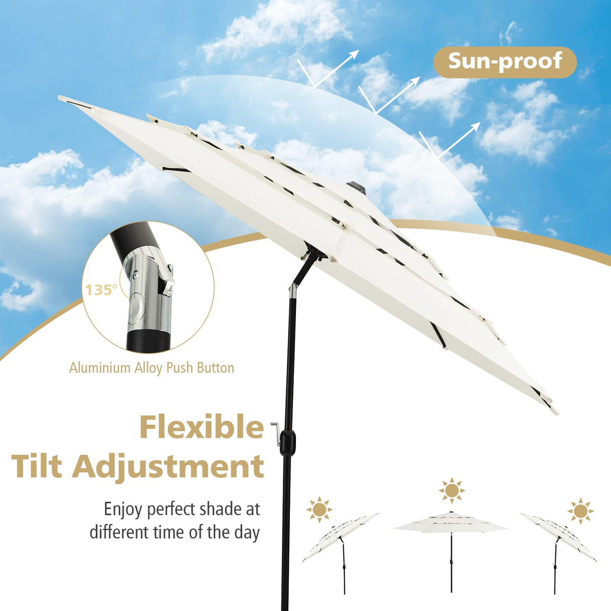 3M 3-Tier Patio Umbrella, Double Vented Outdoor Umbrella w/Push Button Tilt, Manual Crank, 8 Sturdy Ribs, Market Table Umbrella for Beach, Patio, Backyard, Poolside, Easy Assembly