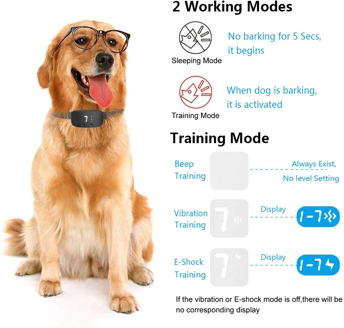 Dog Bark Collar, Anti Barking Training Collar, Smart Beep Vibration Shock, Rechargeable Excessive Barking Pet Corrector for Small Medium Large Dogs(Black)