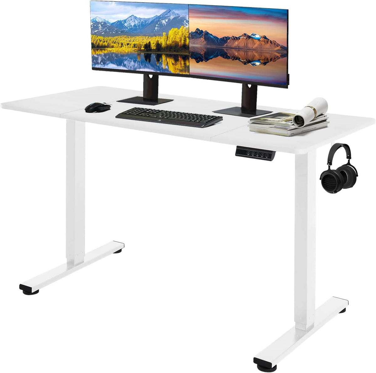Electric Standing Desk, 120x60cm Height Adjustable Sit Stand Desk with Memory Function, Ergonomic Computer Desk for Home Office, Gaming Desk, Study Table with Hooks, White Frame Desktop