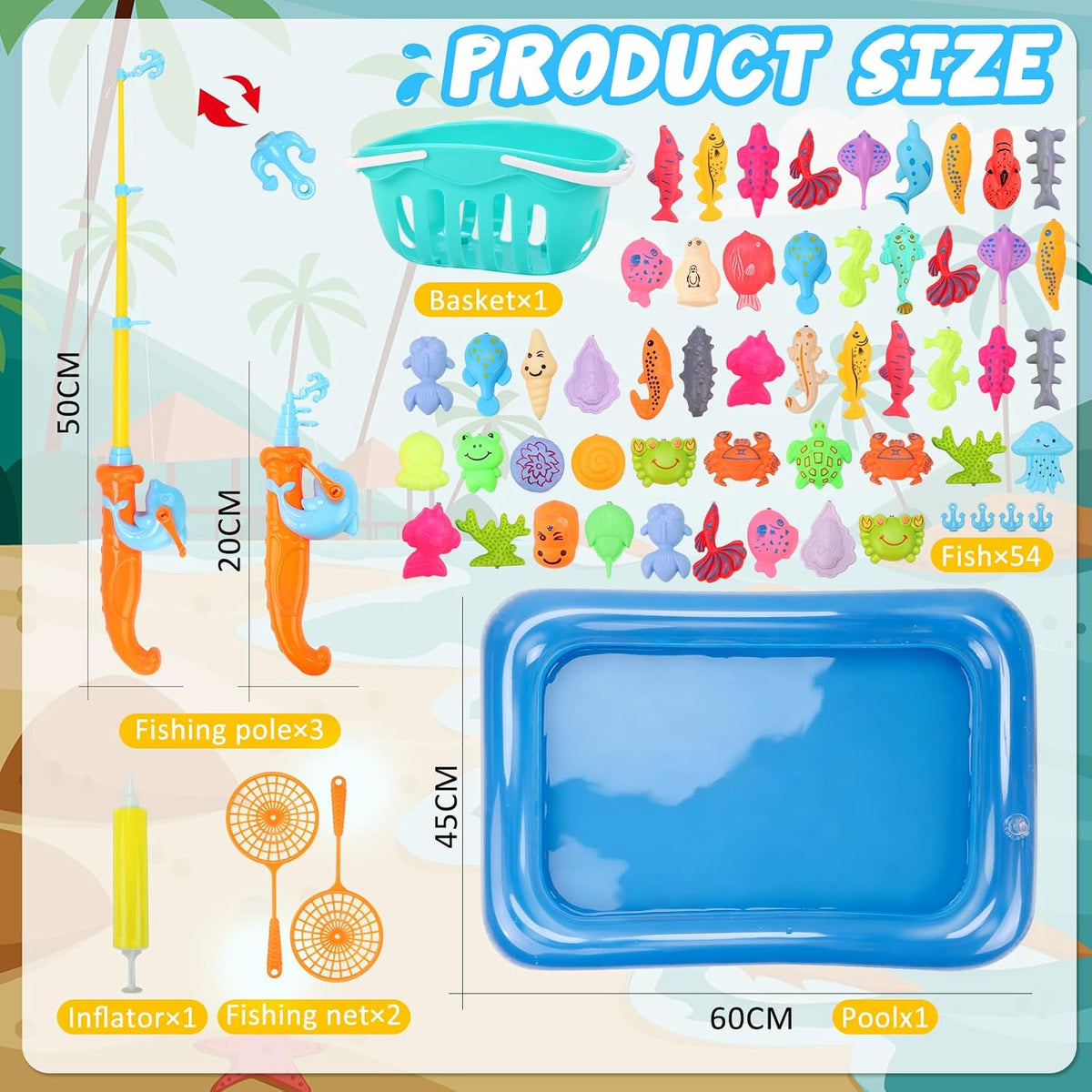 62-Piece Magnetic Fishing Game with Inflatable Pool & Storage Basket