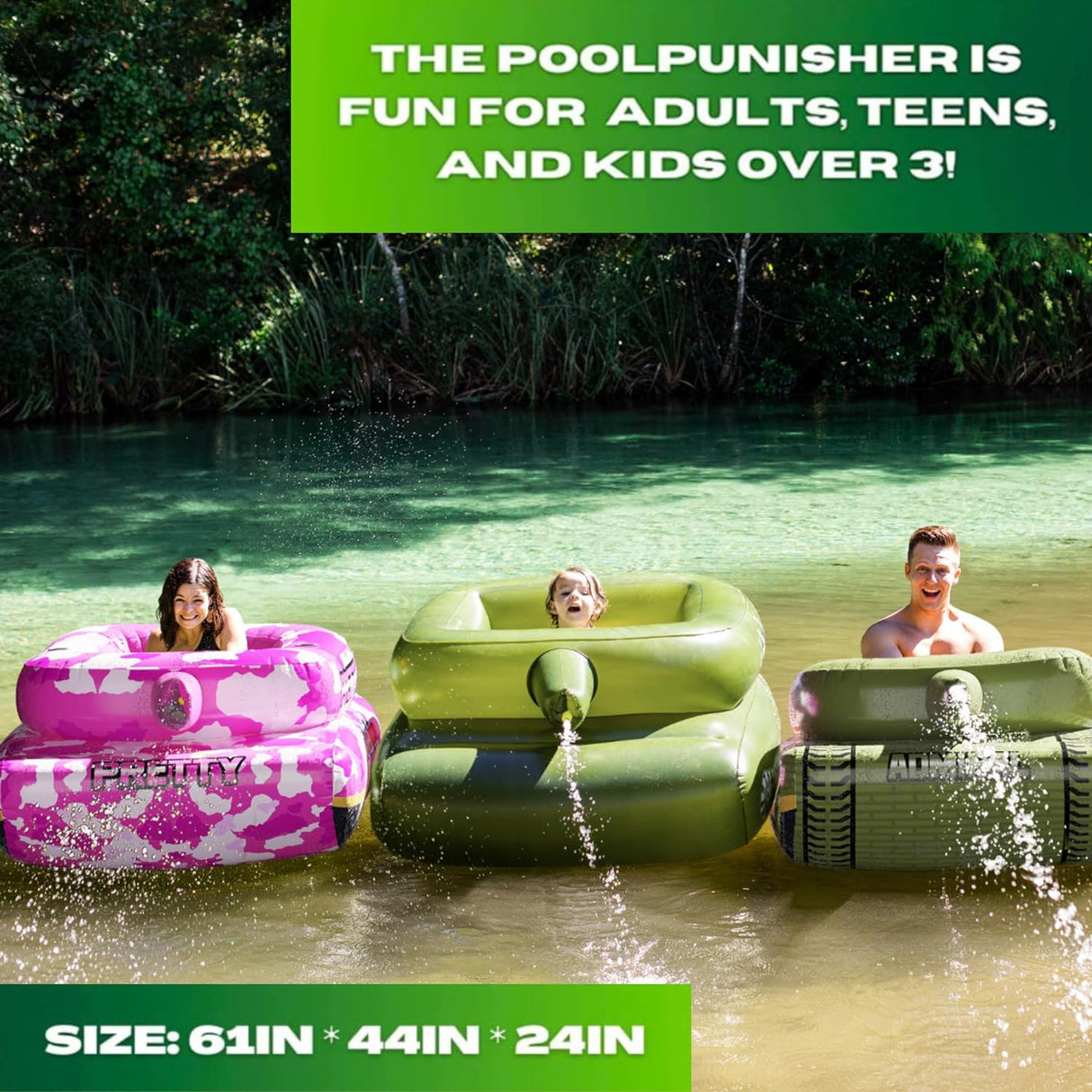 Pool Punisher Inflatable Toy Tank with Squirt Gun- Swimming Accessories for Kids, Teens and Adults - Giant Size Outdoor Water Toys for Lakes and Beach - Swim Stuff for Summer