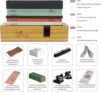 Sharpening Stone,4 Side Grit 400/1000 3000/8000 Grit, Knife Sharpener Stone with Non-Slip Rubber Stone Holder, Flattening Stone,Leather Strop, Honing Guide, Cut Resistant Gloves