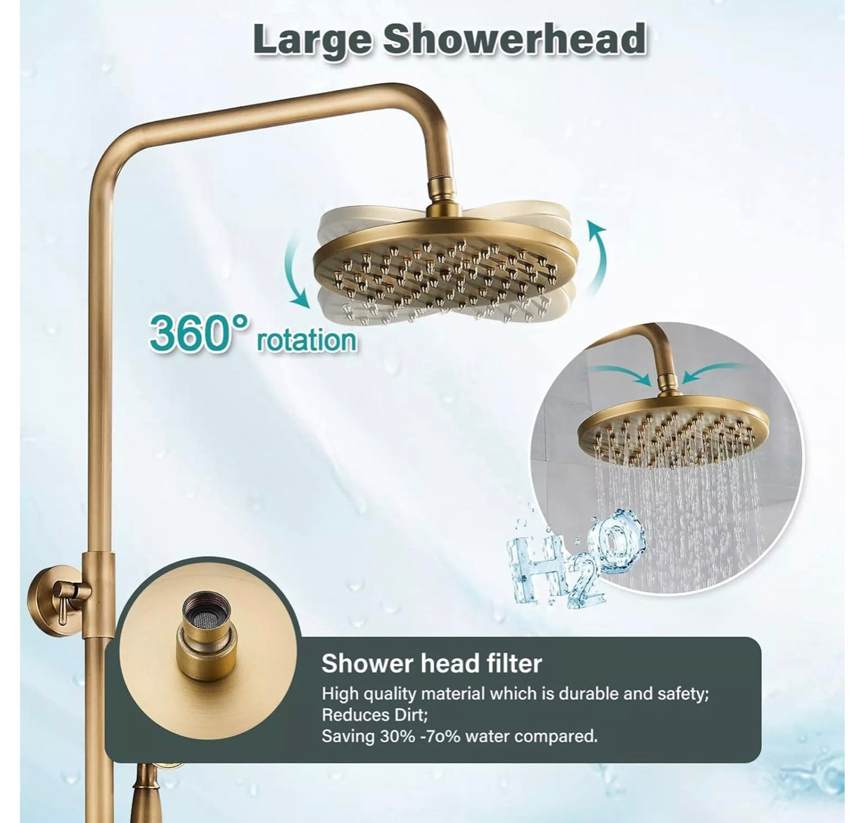 WELS Shower System Set Antique Brass Rainfall Shower Head Hand Shower Wall Mount