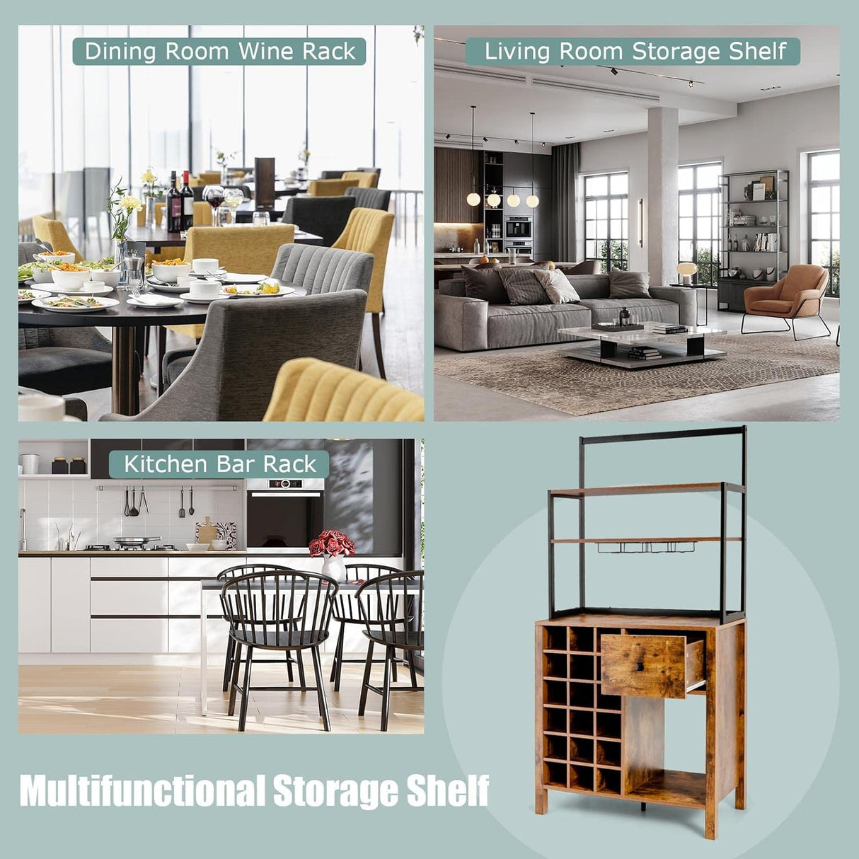 Kitchen Wine Rack, Freestanding Cabinet w/Wine Glass Holder & Drawer, 4-Tier Bakers Rack, Microwave Oven Stand for Kitchen Dining Room Living Room